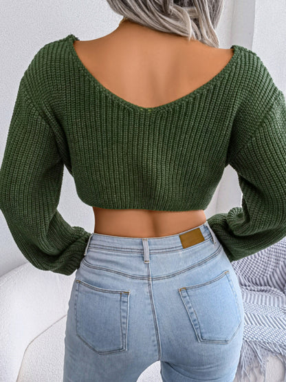 Women's long sleeve knotted open navel knitted sweater
