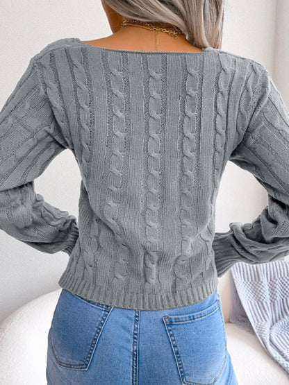 Women's Sexy Cross V-Neck Twist Long Sleeve Crop Sweater