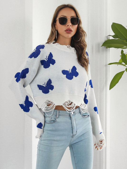 Women's Ripped 🦋 Butterfly Jacquard Short Sweater 🌟