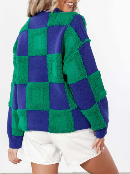 🏁 Casual Checkerboard Colorblock Crewneck Long Sleeve Sweater