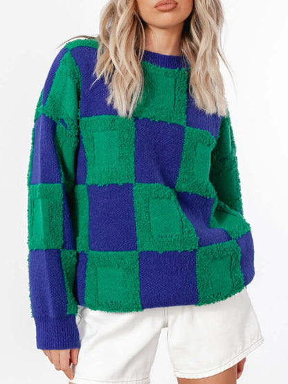 casual checkerboard colorblock crewneck long sleeve sweater