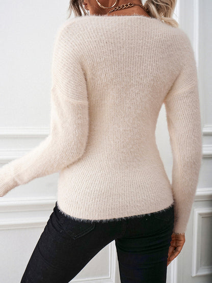 🌆 Women's V Neck Off Shoulders Long Sleeves Cross Over Front Crop Fuzzy Sweater 🐻
