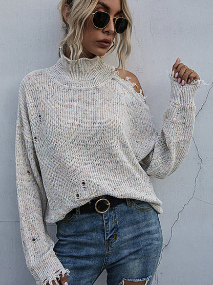 Women’s Super Chic Mock Neck Long Sleeves Shoulder Cutout Sweater