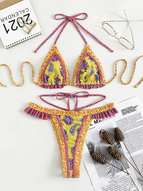 Women's Ethnic Print Halter Neck Tie Bikini Set