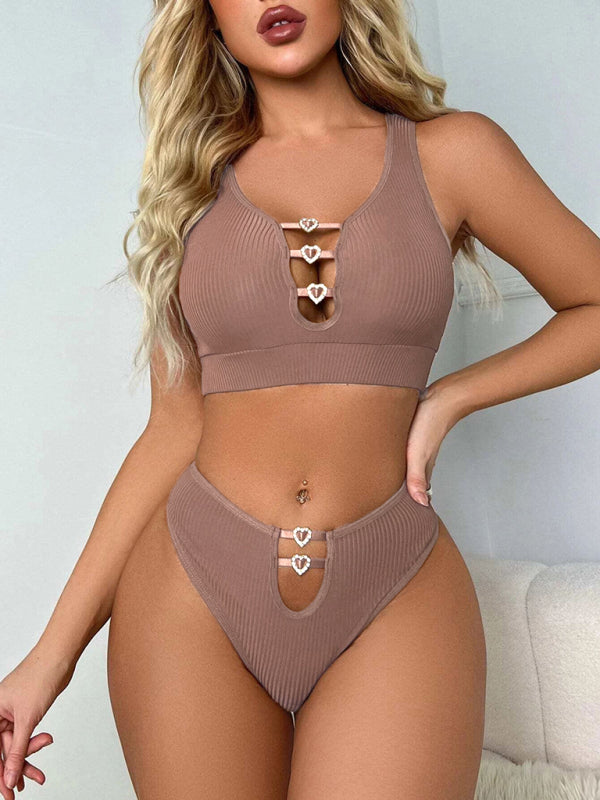 Women's solid color sexy hollow erotic lingerie sets