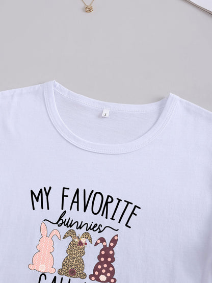 Women's Knitted Round Neck Rabbit Print Short Sleeve T-Shirt