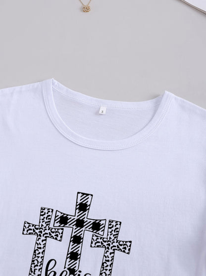 Women's Knitted Round Neck Cross Print Short Sleeve T-Shirt