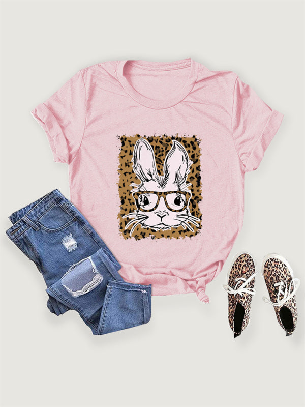 Women's Easter Leopard Bunny Print Casual Short Sleeve T-Shirt