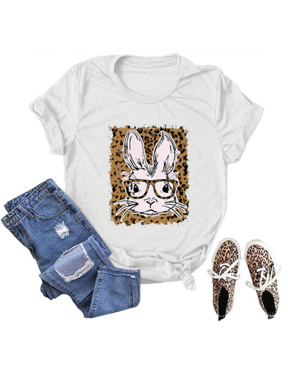 Women's Easter Leopard Bunny Print Casual Short Sleeve T-Shirt