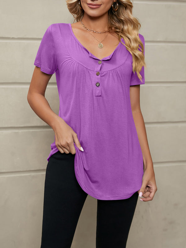 Summer shirring buttons loose solid color short-sleeved swallowtail T-shirt top