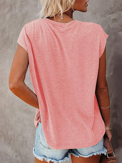 Women's Tops Solid Color Pocket Off Shoulder Round Neck Short Sleeve Women's T-Shirt
