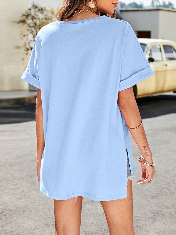 Summer new solid color v-neck short-sleeved top with short front and long rear slits
