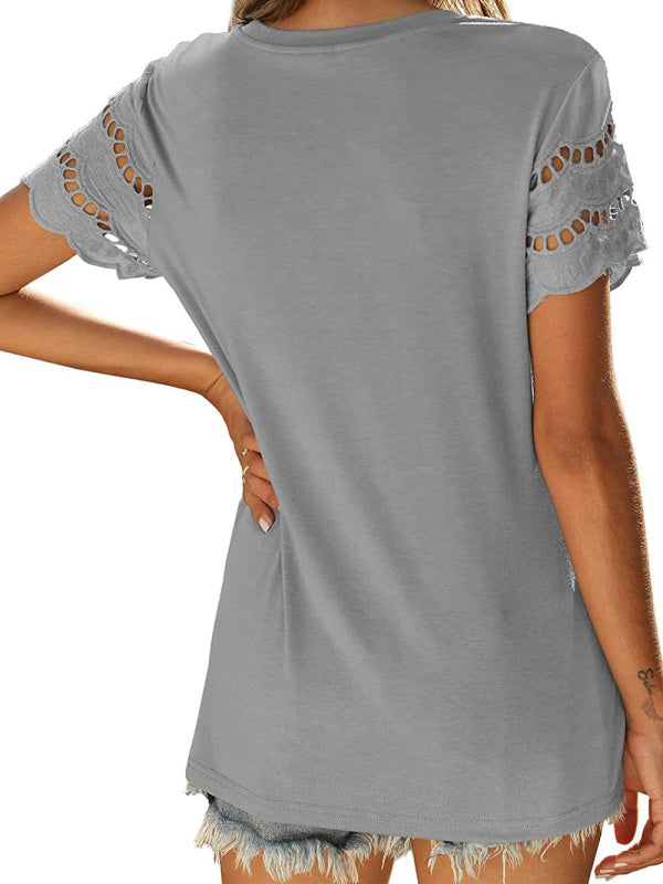 Summer new lace stitching short-sleeved T-shirt round neck top