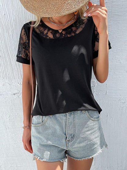 Women's lace hollow stitching top short-sleeved t-shirt