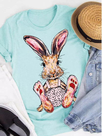 New Ladies Leopard Bunny Easter Explosion Style Urban Casual Short-sleeved T-Shirt Top