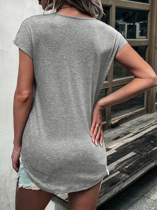 Women's Knitted Round Neck Half Zipper Stitching Lace Short Sleeve T-Shirt