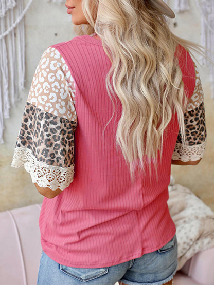 Women's Leopard Lace Panel Pullover Crewneck T-Shirt