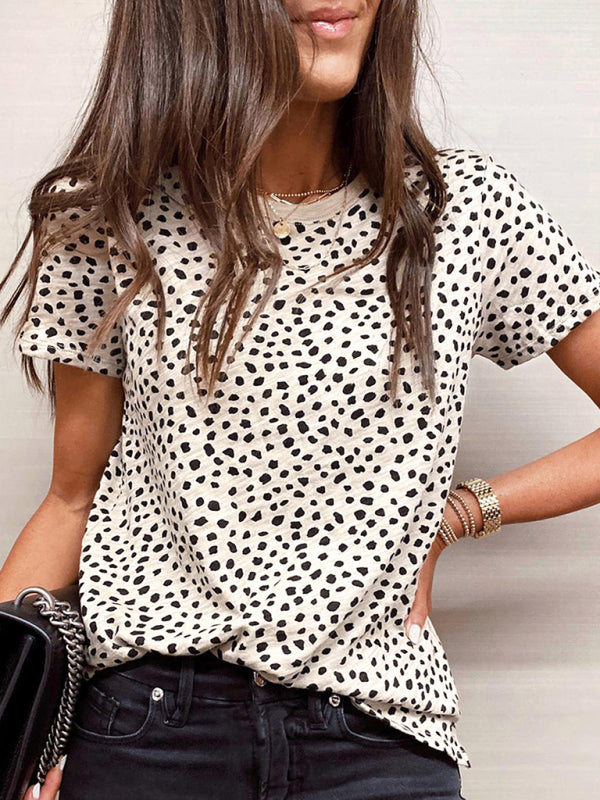 Leopard point short-sleeved round neck pullover loose casual t-shirt for women