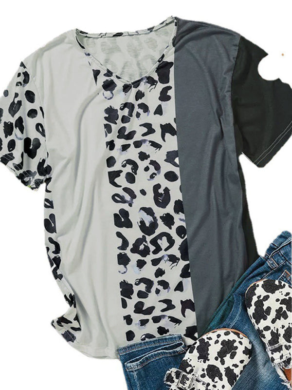 Women's Black and White Colorblock Leopard Print Short Sleeve V-Neck T-Shirt