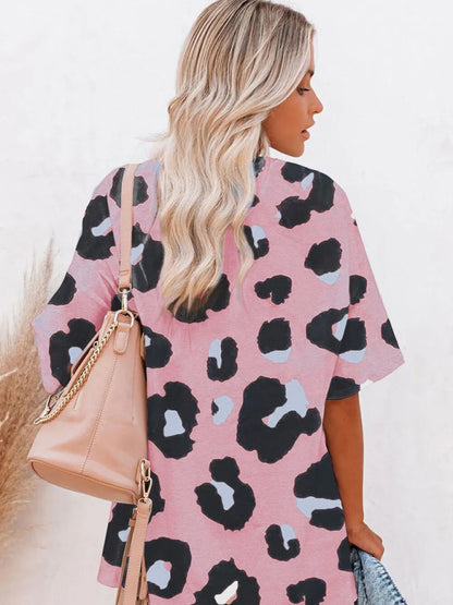 Women's Leopard Print Pullover Short Sleeve Round Neck Loose T-Shirt