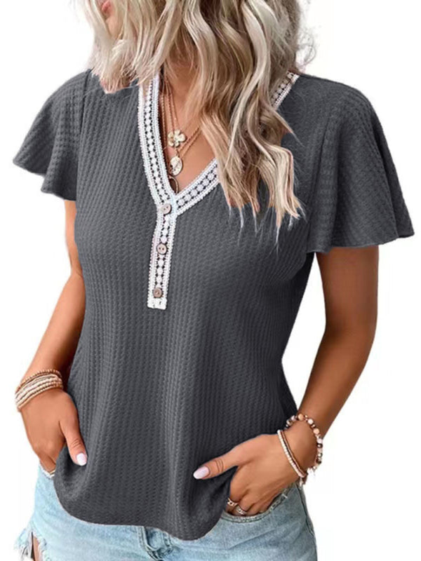 Women's Casual Fly Fly Sleeve Waffle Stitching Top Short Sleeve T-Shirt