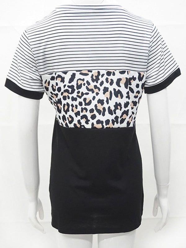 Women's Round Neck Striped Leopard Print Contrasting Color Short Sleeve T-Shirt