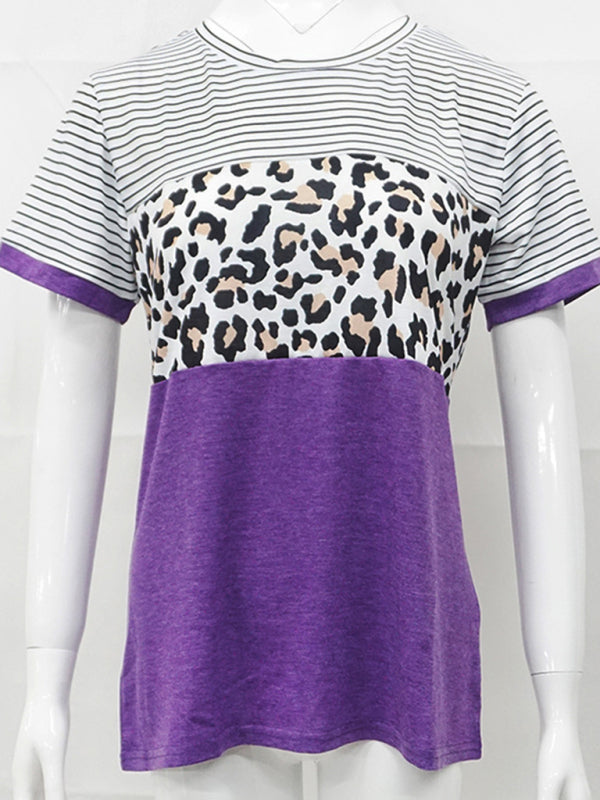 Women's Round Neck Striped Leopard Print Contrasting Color Short Sleeve T-Shirt