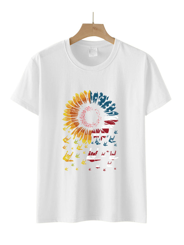 Women's Sunflower Flag Print Short Sleeve T-Shirt