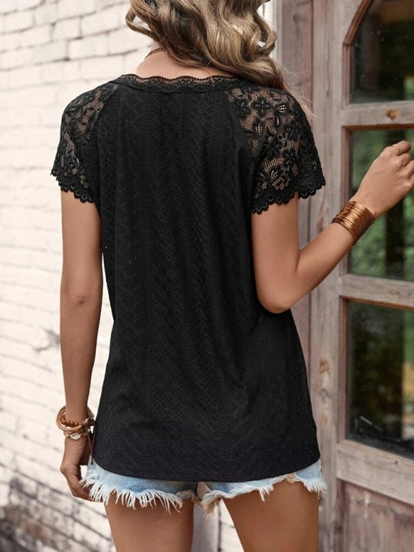 Women's summer new V-neck short-sleeved stitching lace sleeve women's top