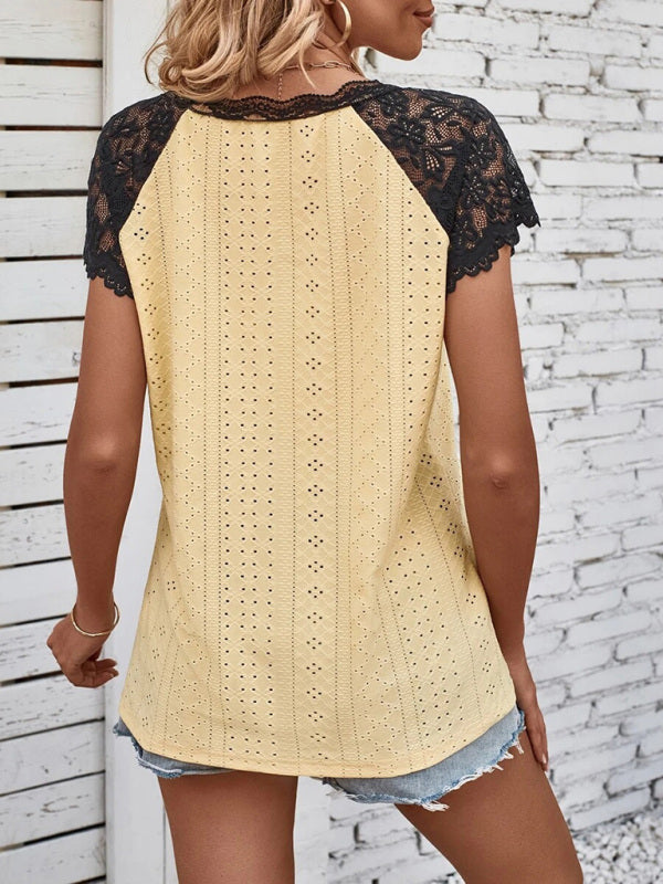 Women's summer new V-neck short-sleeved stitching lace sleeve women's top
