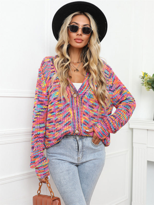 New Women's Clothes Rainbow Intercolor Day Dye Cropped Cardigan Knitted Button Jacket
