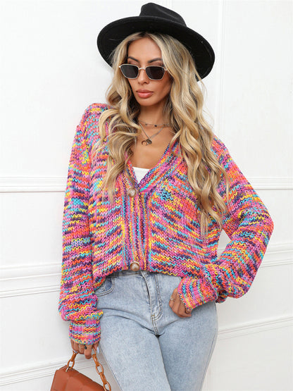 New Women's Clothes Rainbow Intercolor Day Dye Cropped Cardigan Knitted Button Jacket