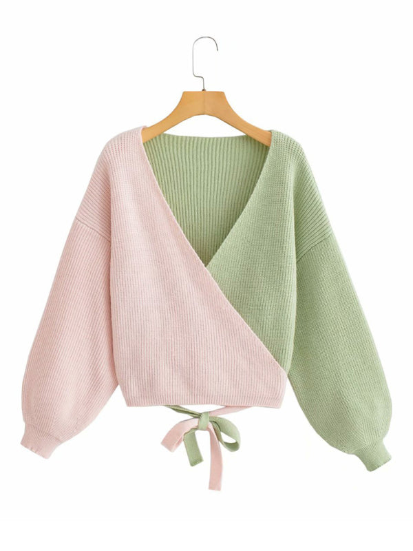 Women's New Contrast Color Splicing Cross-Strap Long Sleeve Loose Knitted Sweater Pullover