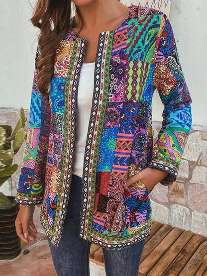 Casual retro cotton and linen printed loose long-sleeved cardigan jacket