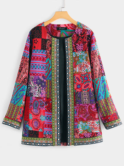 Casual retro cotton and linen printed loose long-sleeved cardigan jacket