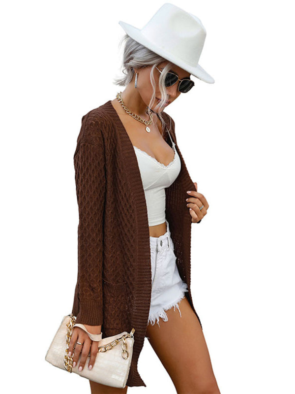 🧥 Fashionable Women's Solid Color Mid-Length Long-Sleeved 🌀 Twist 🌀 Sweater Cardigan