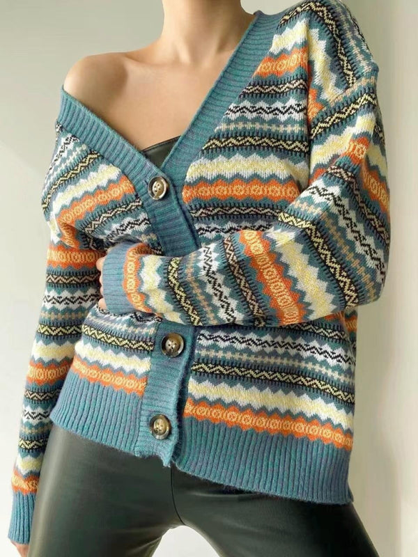 🌈🧶 New Fashionable Contrast Color Knitted Sweater Cardigan Jacket Sweater