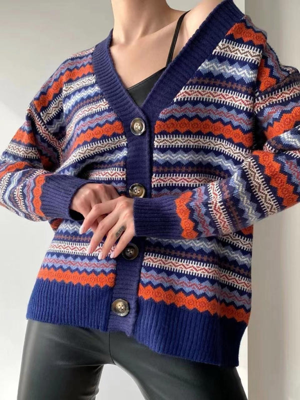 🌈🧶 New Fashionable Contrast Color Knitted Sweater Cardigan Jacket Sweater