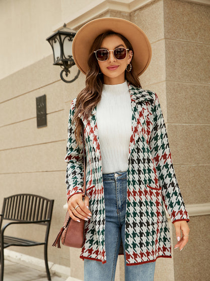 Women's houndstooth lapel knitted cardigan