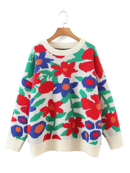 🌸 New Large Flower Embroidered Round Neck Loose Long Sleeve Knitted Sweater Pullover