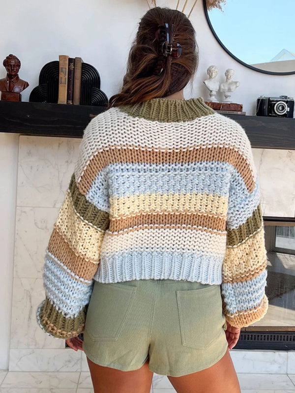 👚 Women's Round Neck Pullover Striped Contrast Sweater 🌈👗