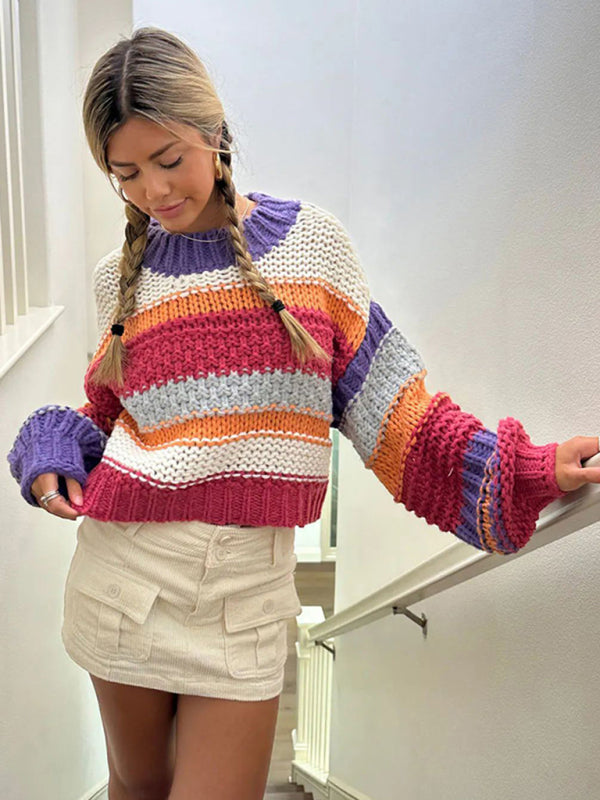 👚 Women's Round Neck Pullover Striped Contrast Sweater 🌈👗