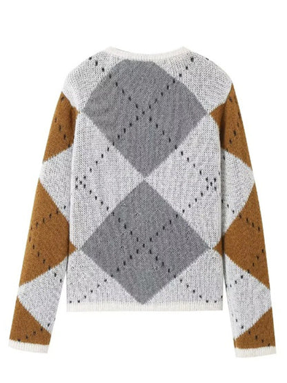 💎 Women's Casual College Style Diamond Check Cardigan Sweater