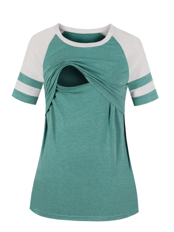 Maternity Round Neck Color Matching Raglan Short Sleeve Nursing Top T-Shirt