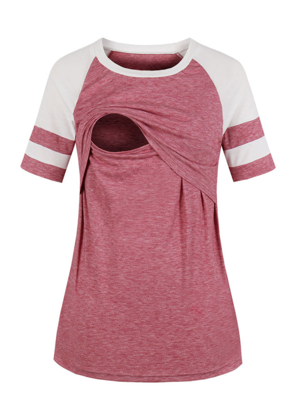 Maternity Round Neck Color Matching Raglan Short Sleeve Nursing Top T-Shirt